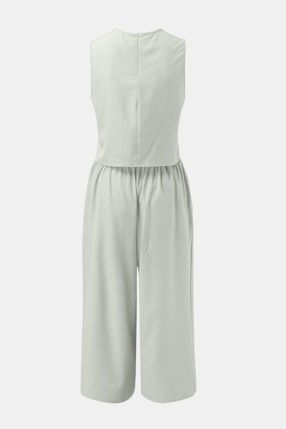 Round Neck Top and Wide Leg Pants Set - PFgoods.com