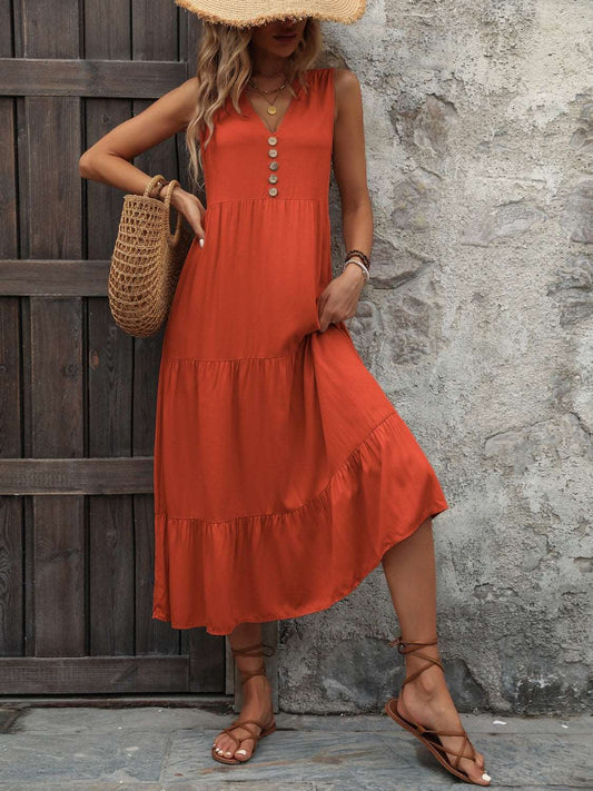 Decorative Button Notched Sleeveless Dress - PFgoods.com