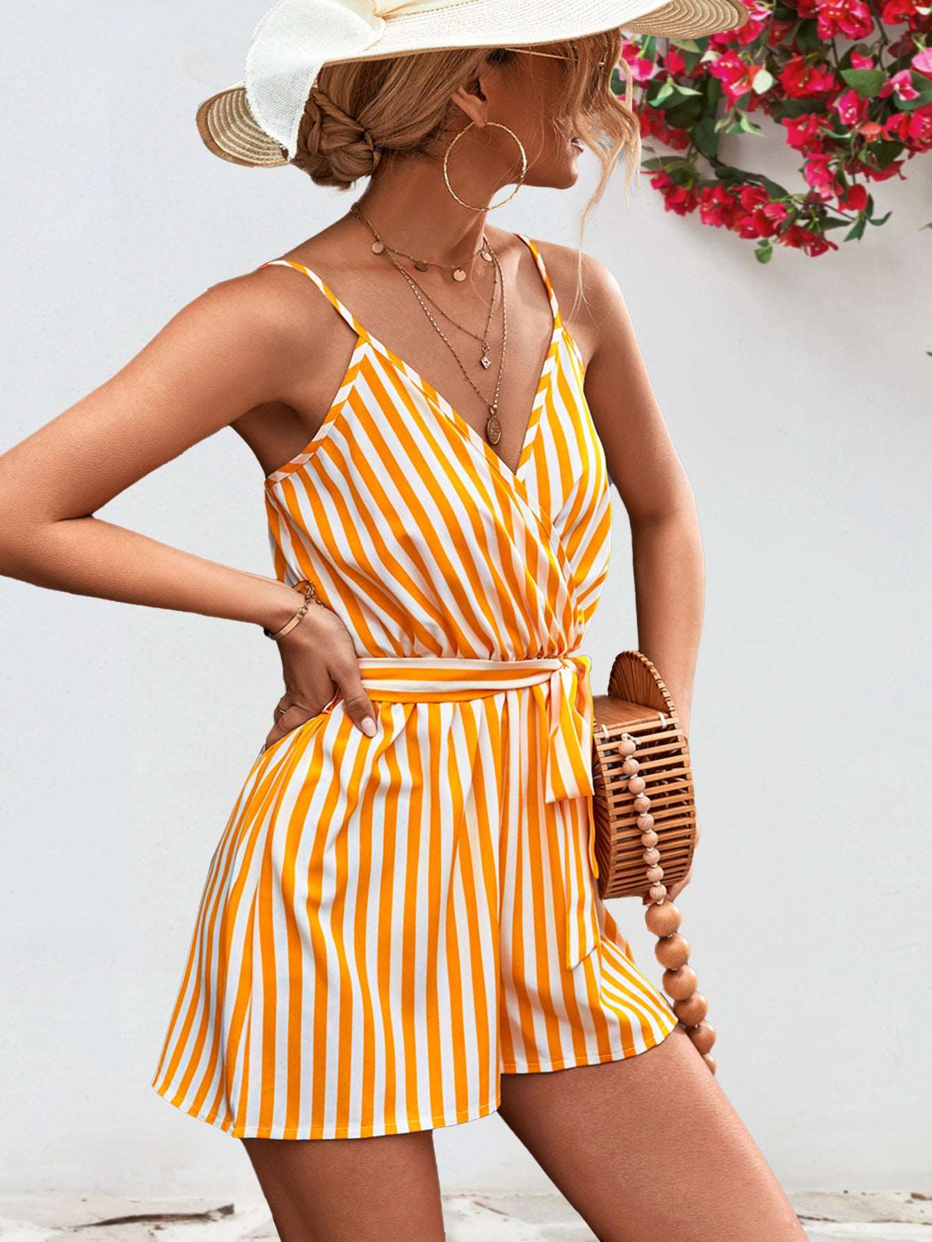 Striped Tie Waist Spaghetti Strap Romper - PFgoods.com