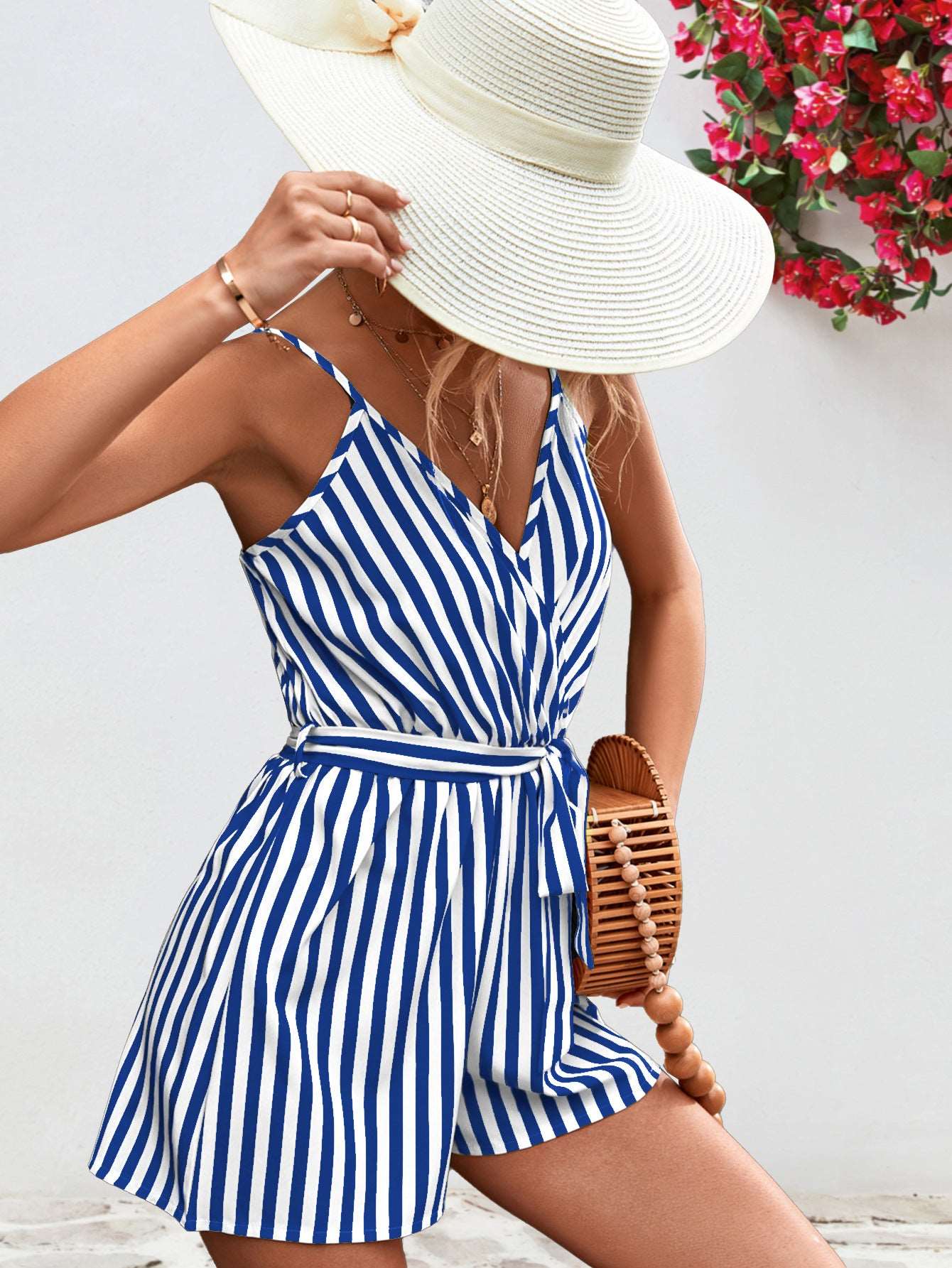 Striped Tie Waist Spaghetti Strap Romper - PFgoods.com