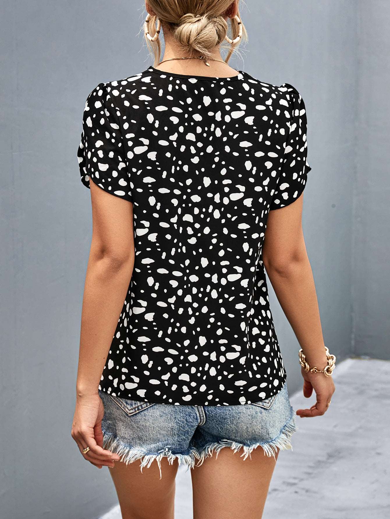 Animal Print V-Neck Petal Sleeve Blouse - PFgoods.com