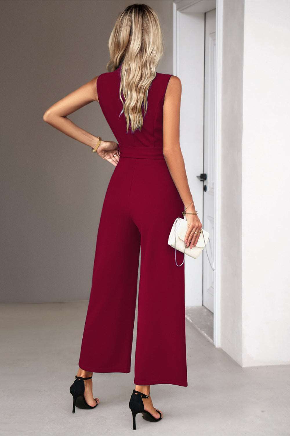 Tie Waist Shawl Collar Sleeveless Jumpsuit - PFgoods.com