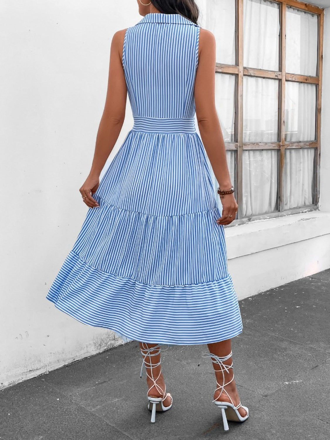 Striped Johnny Collar Sleeveless Midi Dress - PFgoods.com