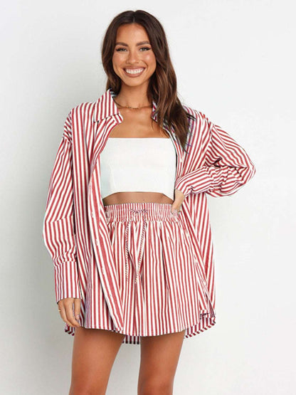 Striped Dropped Shoulder Shirt and Shorts Set - PFgoods.com