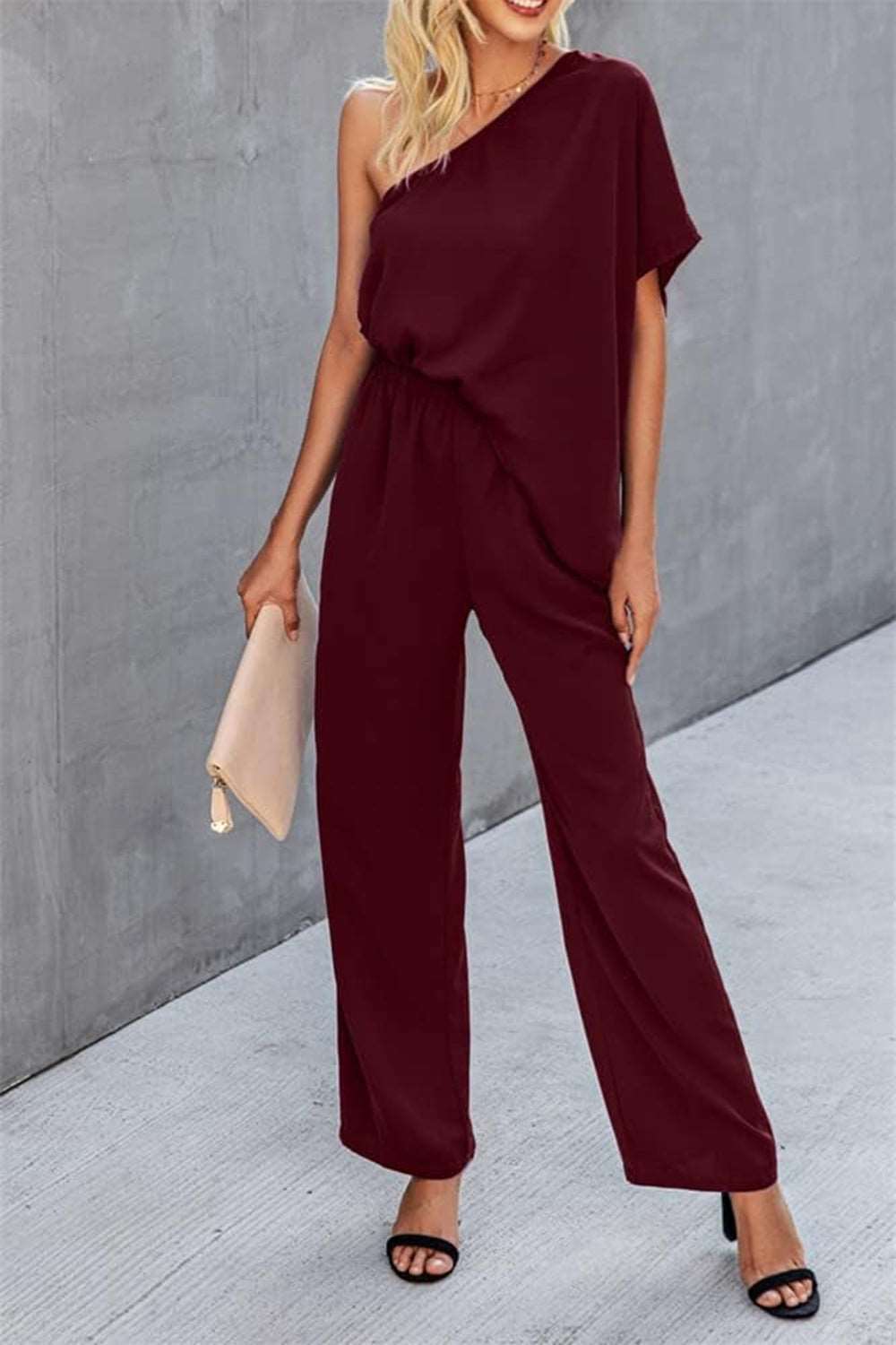 Single Shoulder Short Sleeve Jumpsuit - PFgoods.com