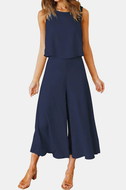 Round Neck Top and Wide Leg Pants Set - PFgoods.com