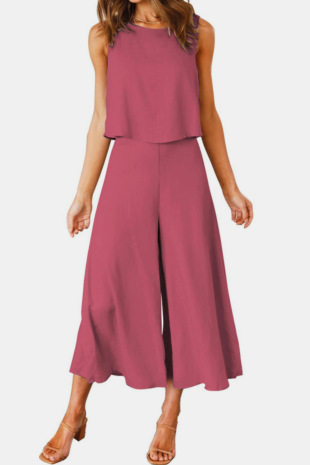 Round Neck Top and Wide Leg Pants Set - PFgoods.com