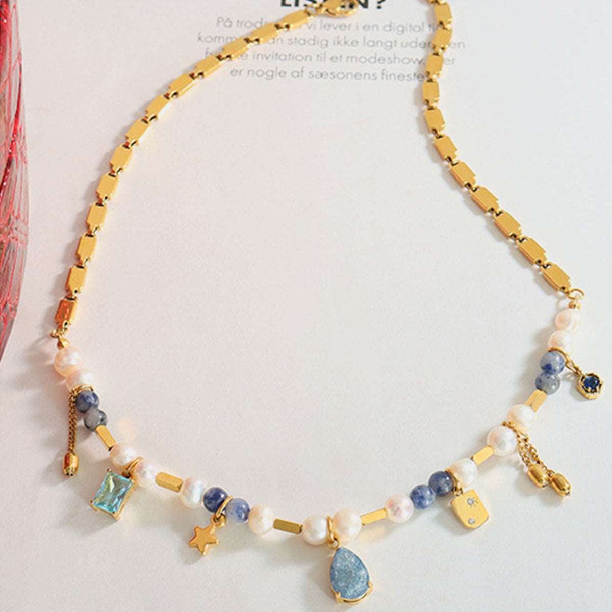 18K Gold-Plated Beaded Charm Necklace - PFgoods.com