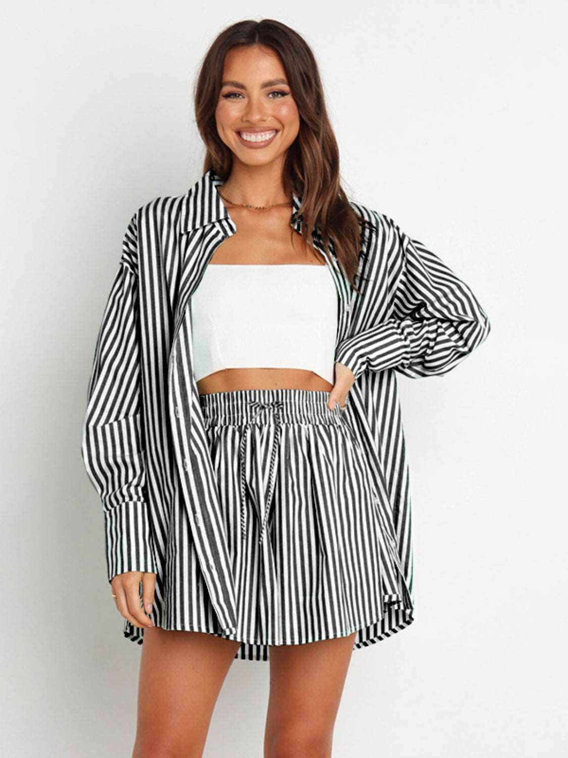 Striped Dropped Shoulder Shirt and Shorts Set - PFgoods.com