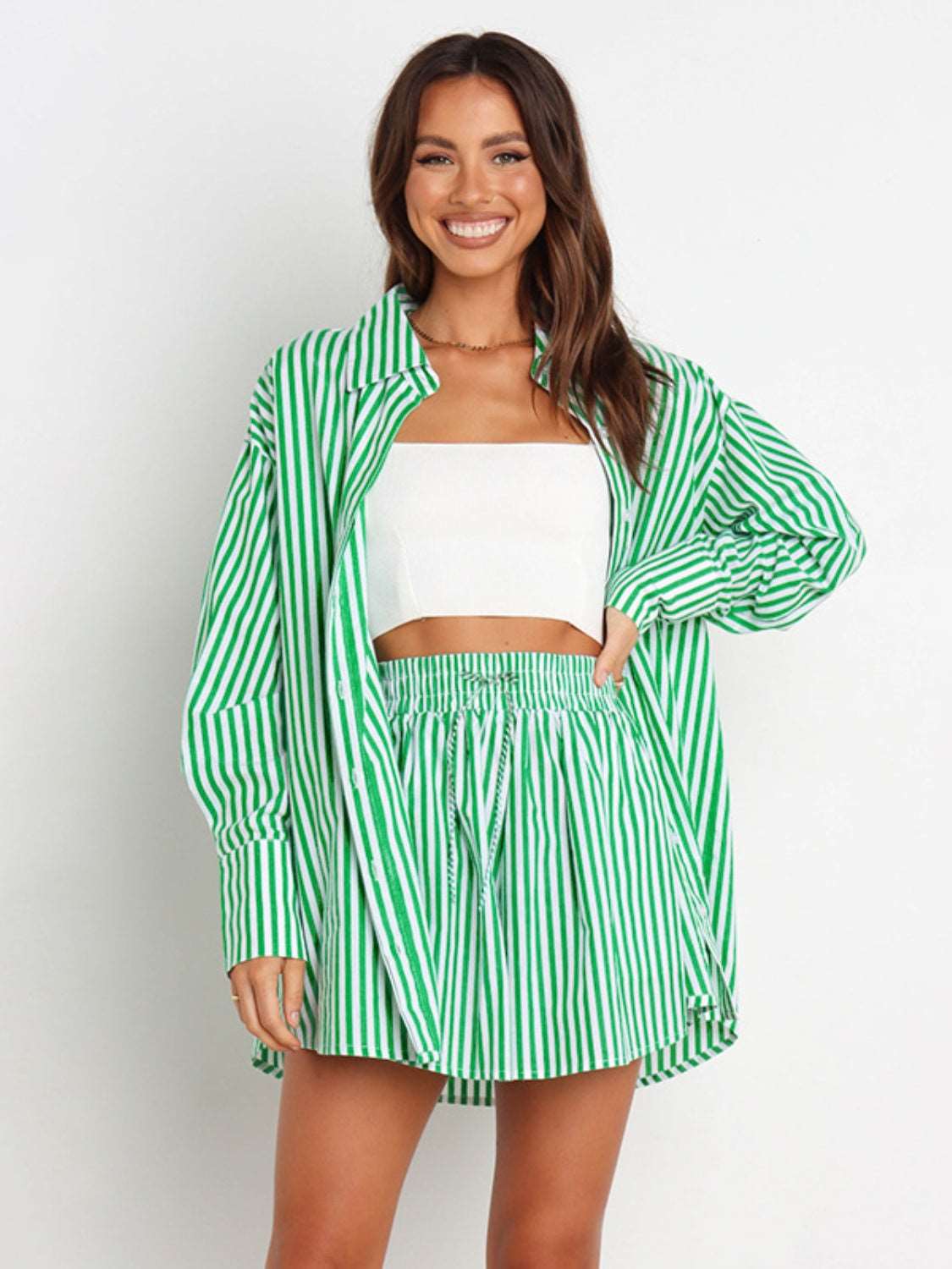 Striped Dropped Shoulder Shirt and Shorts Set - PFgoods.com