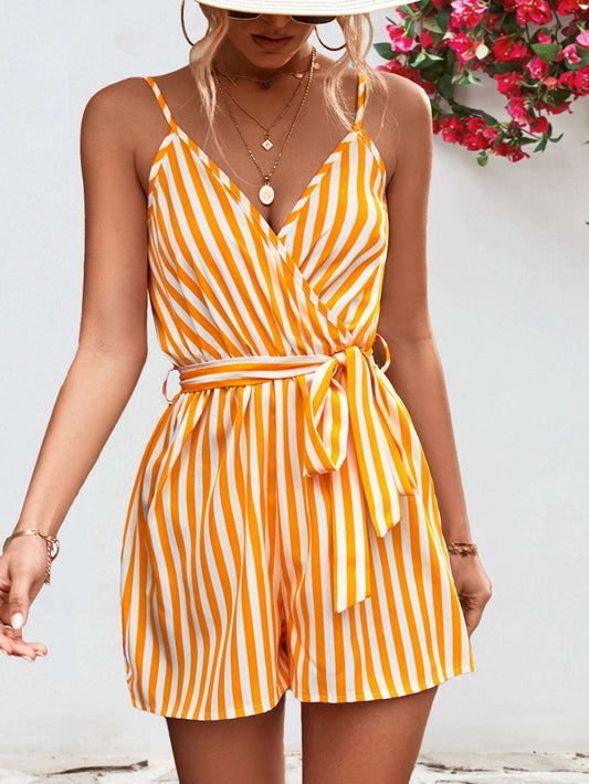 Striped Tie Waist Spaghetti Strap Romper - PFgoods.com