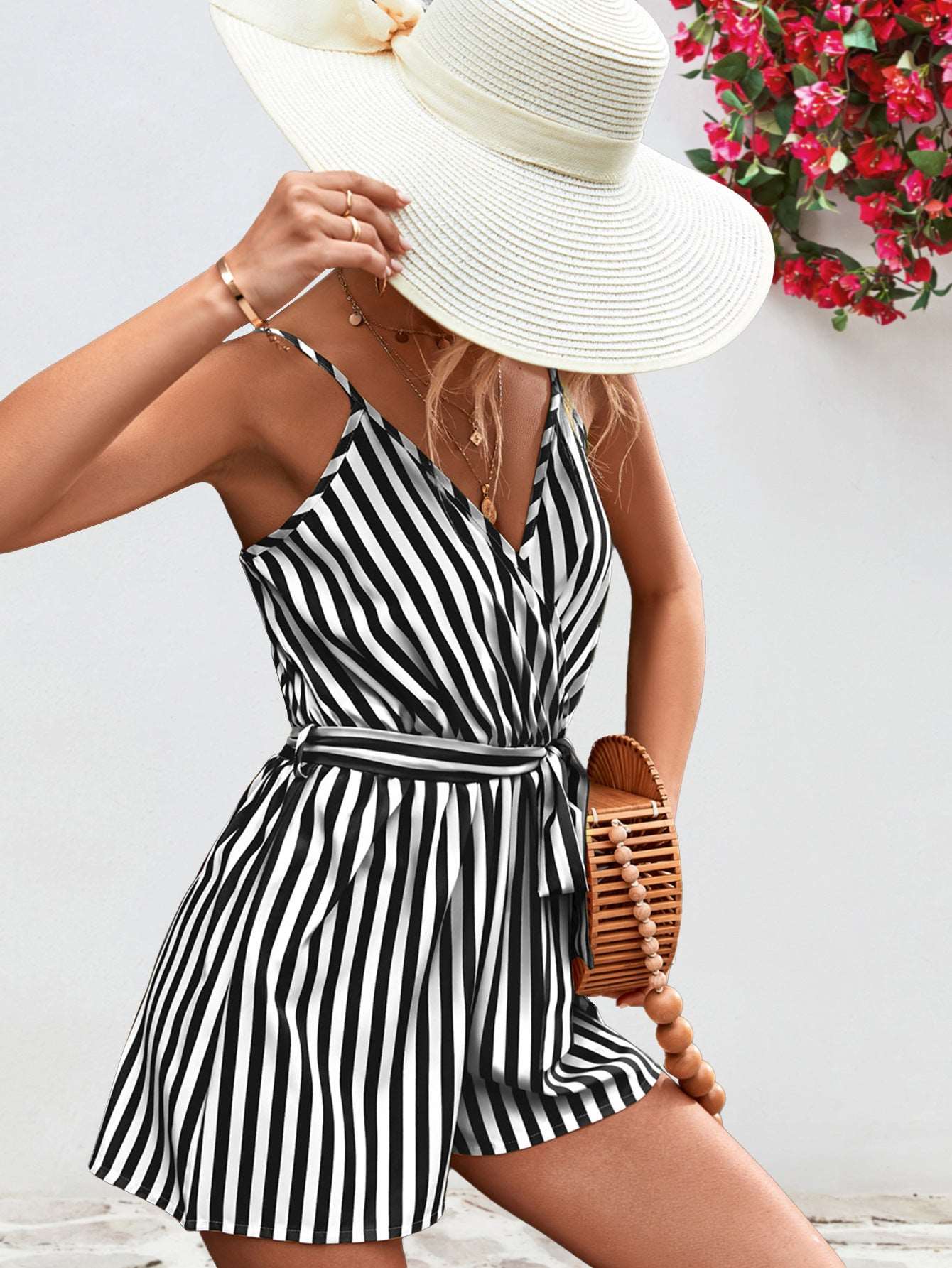 Striped Tie Waist Spaghetti Strap Romper - PFgoods.com