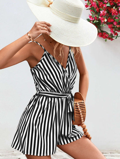 Striped Tie Waist Spaghetti Strap Romper - PFgoods.com