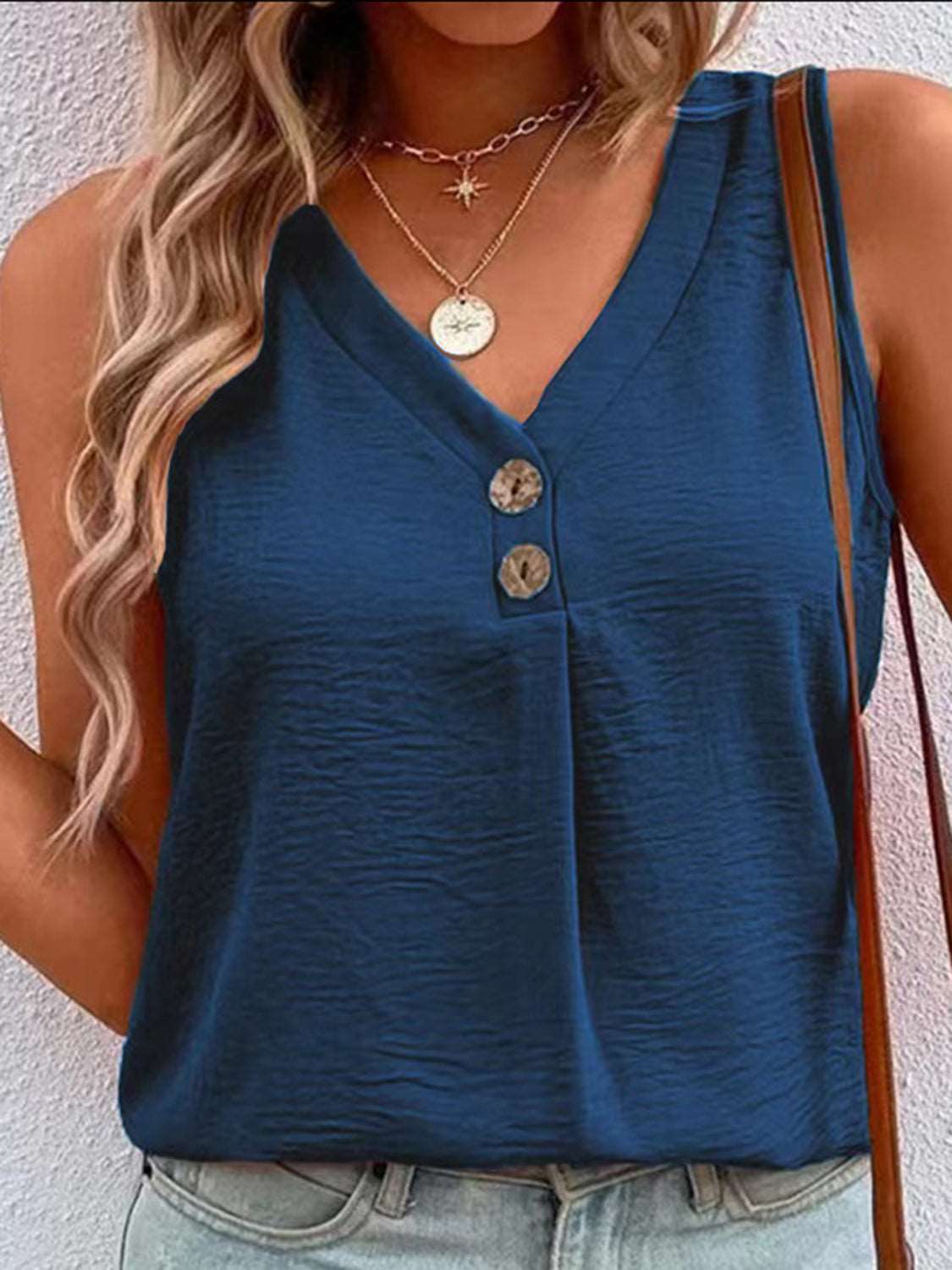 Full Size Decorative Button V-Neck Tank - PFgoods.com