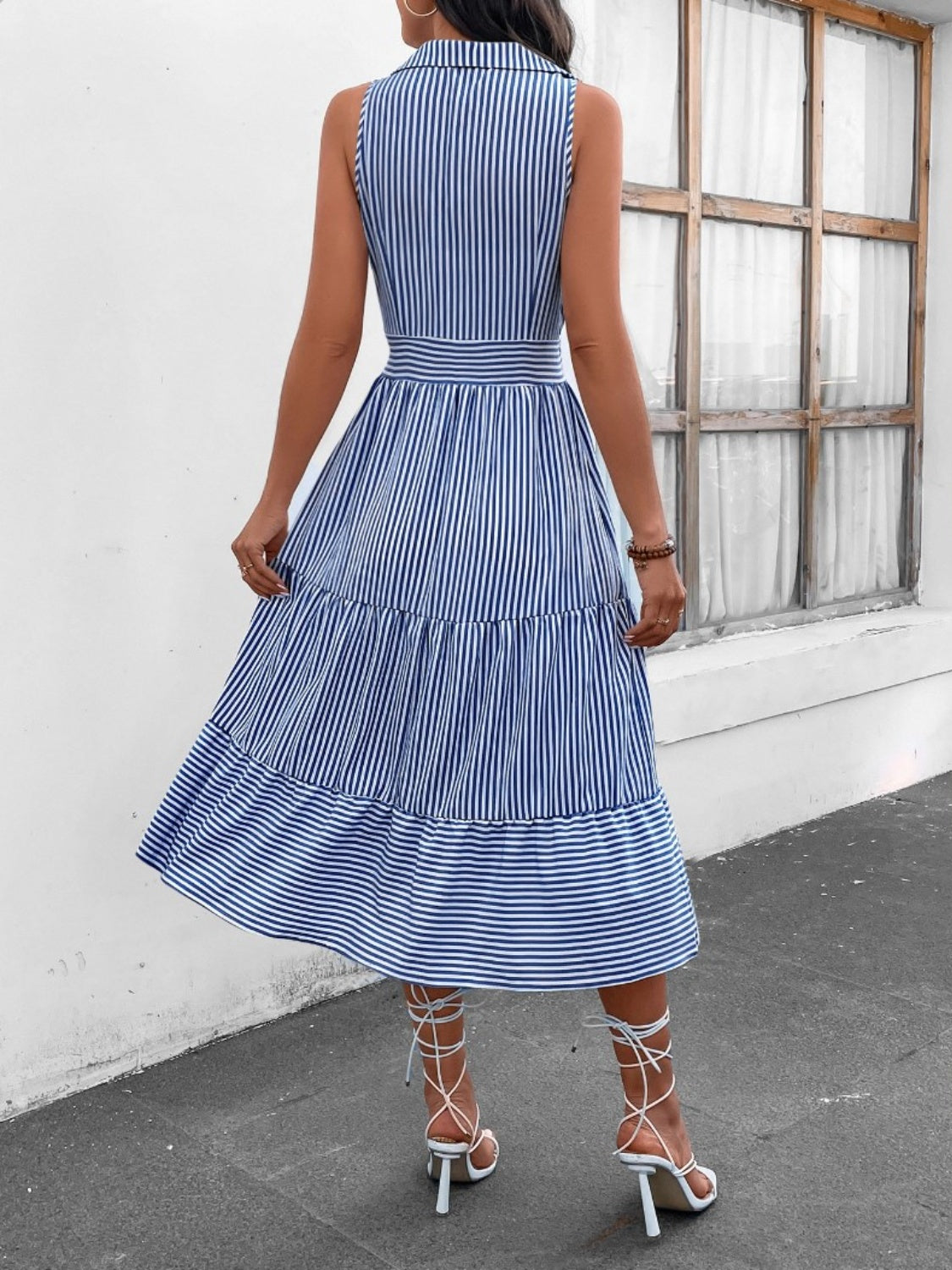 Striped Johnny Collar Sleeveless Midi Dress - PFgoods.com