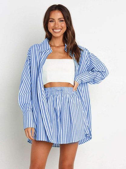 Striped Dropped Shoulder Shirt and Shorts Set - PFgoods.com