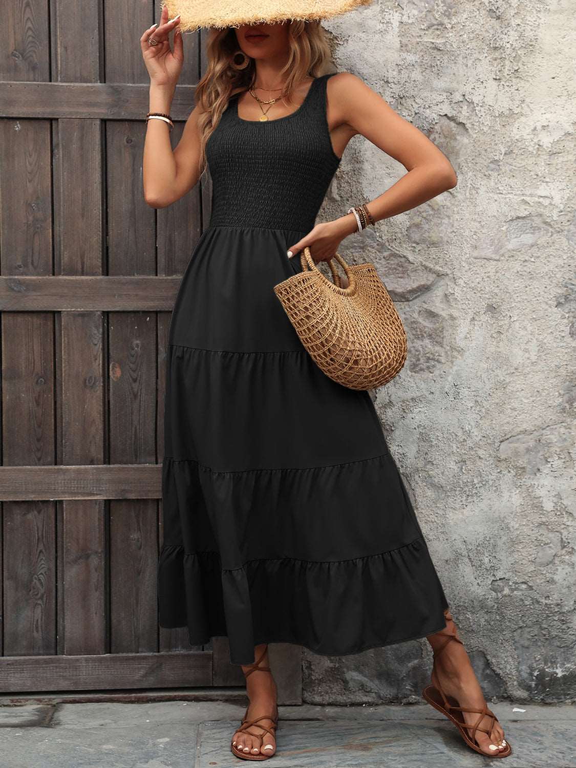 Smocked Scoop Neck Sleeveless Tank Dress - PFgoods.com