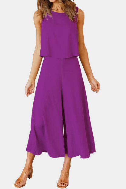 Round Neck Top and Wide Leg Pants Set - PFgoods.com