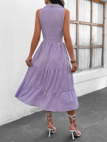 Striped Johnny Collar Sleeveless Midi Dress - PFgoods.com