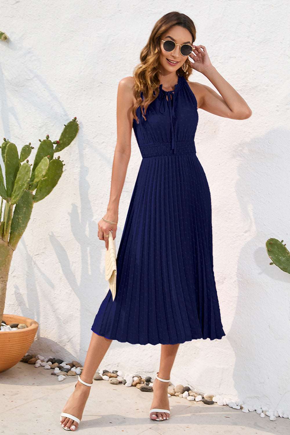 Swiss Dot Tie Neck Sleeveless Dress - PFgoods.com