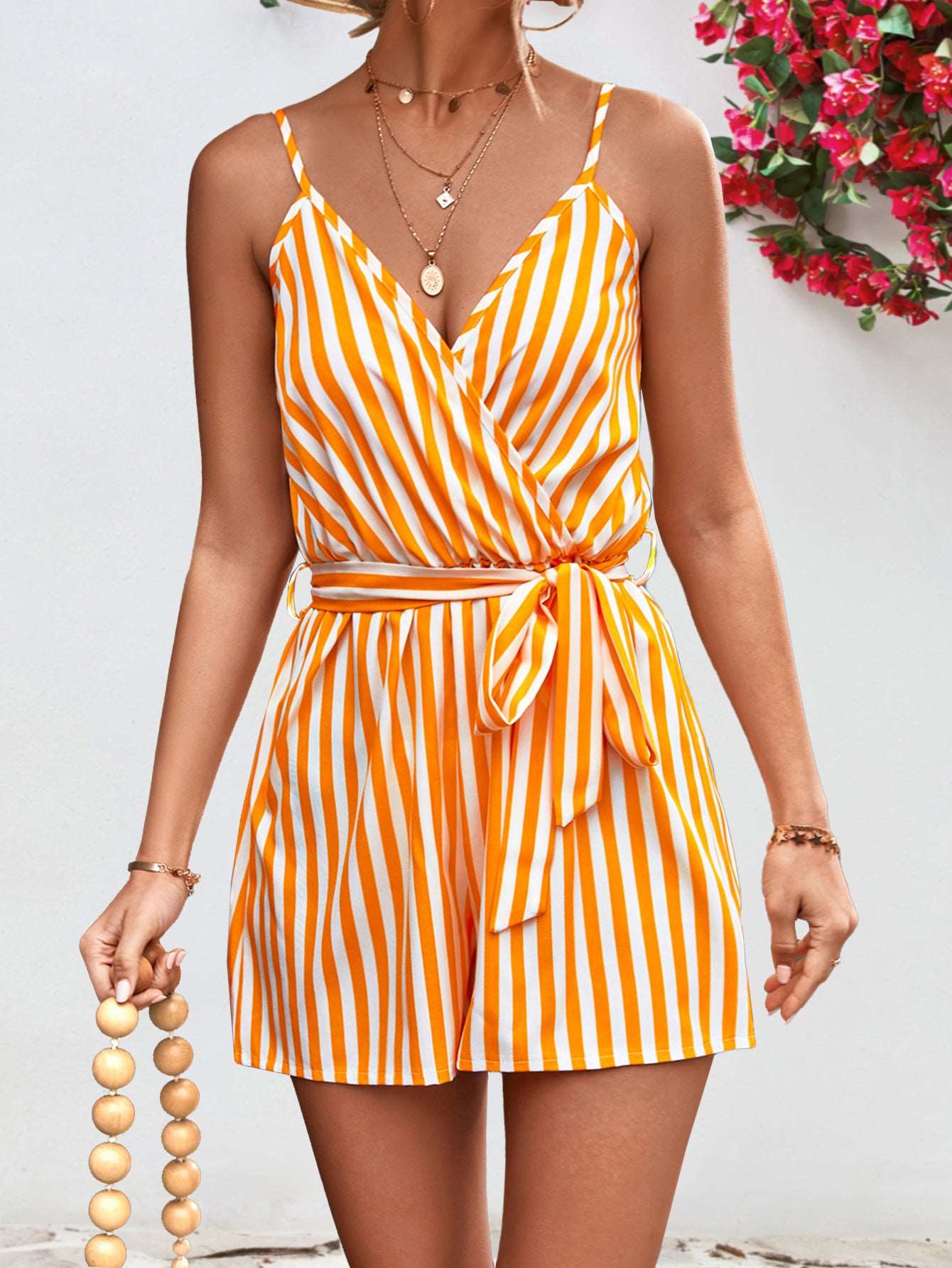 Striped Tie Waist Spaghetti Strap Romper - PFgoods.com