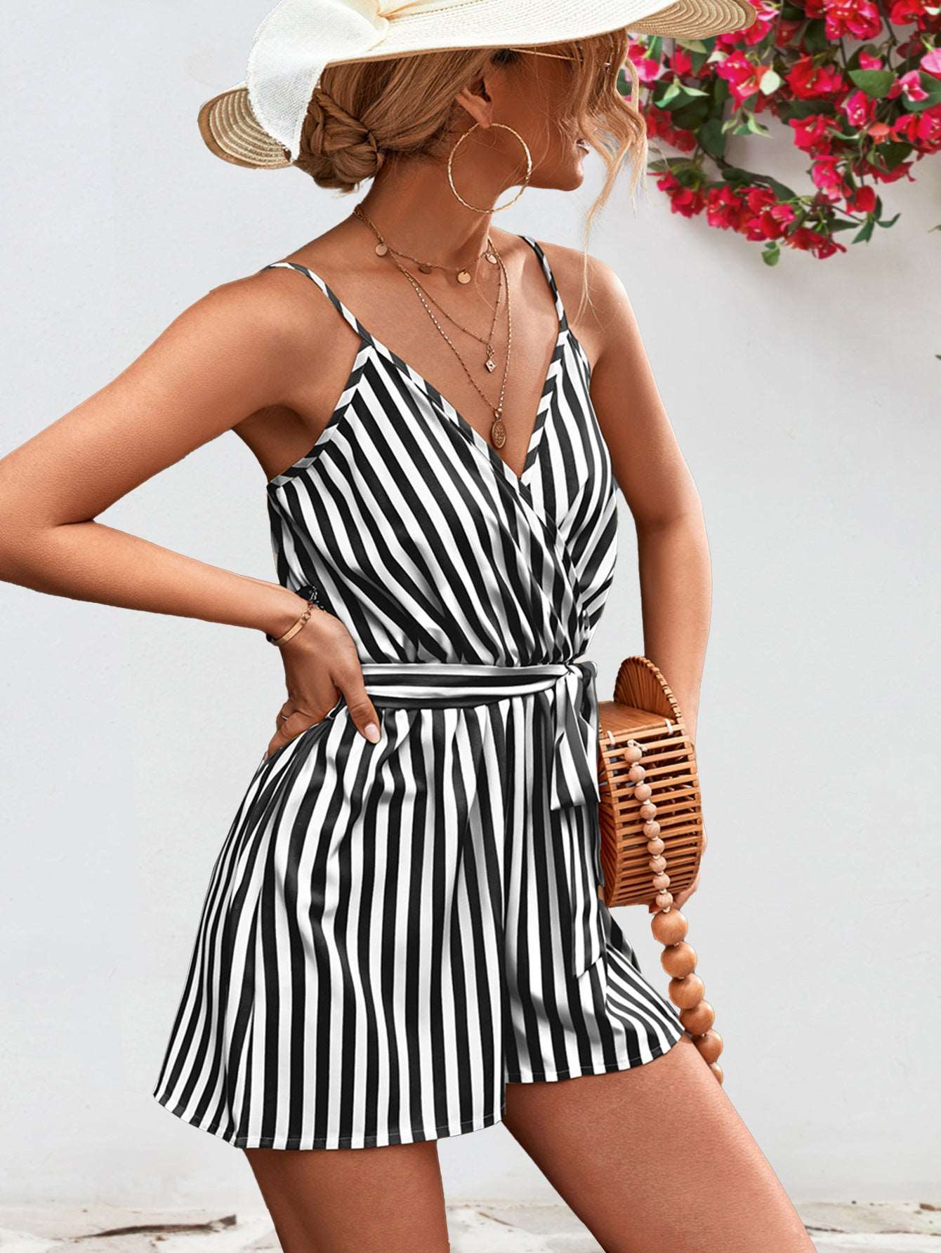 Striped Tie Waist Spaghetti Strap Romper - PFgoods.com