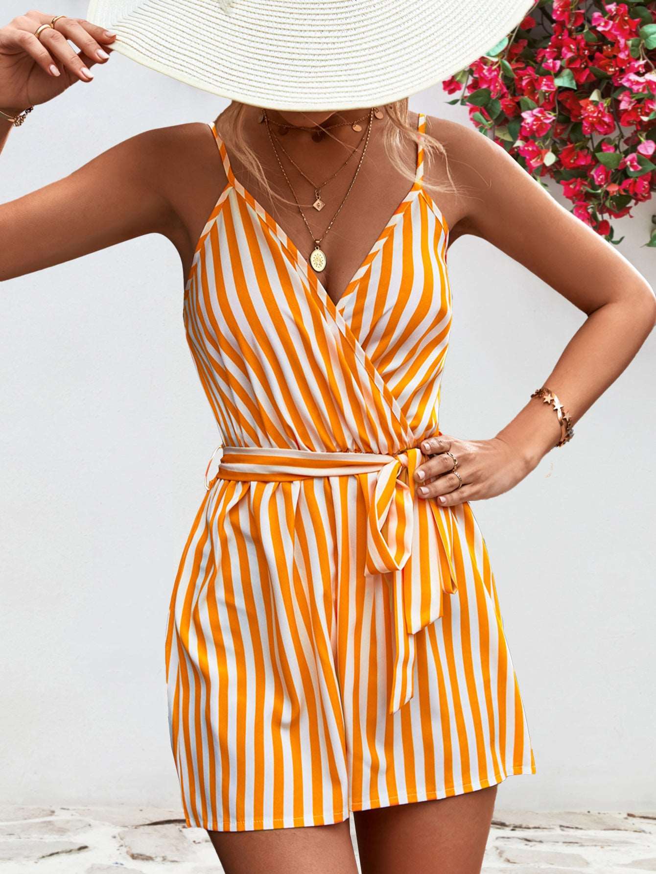 Striped Tie Waist Spaghetti Strap Romper - PFgoods.com