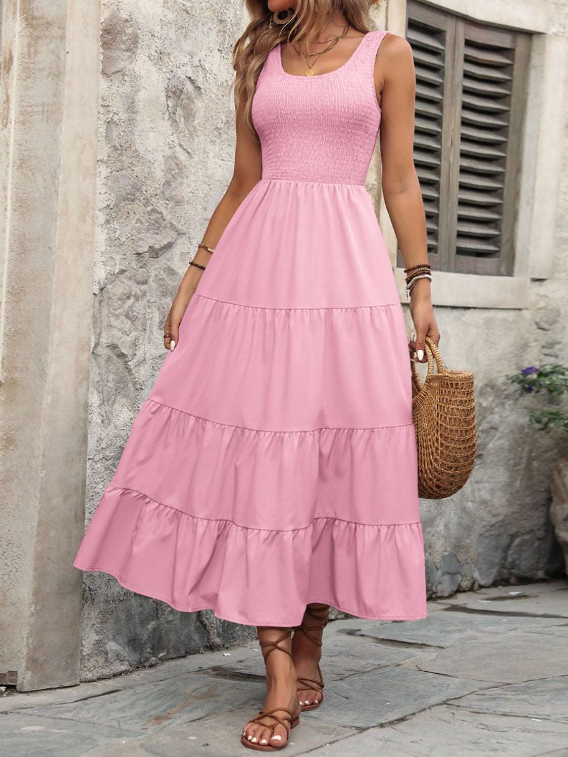 Smocked Scoop Neck Sleeveless Tank Dress - PFgoods.com