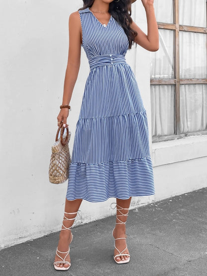 Striped Johnny Collar Sleeveless Midi Dress - PFgoods.com