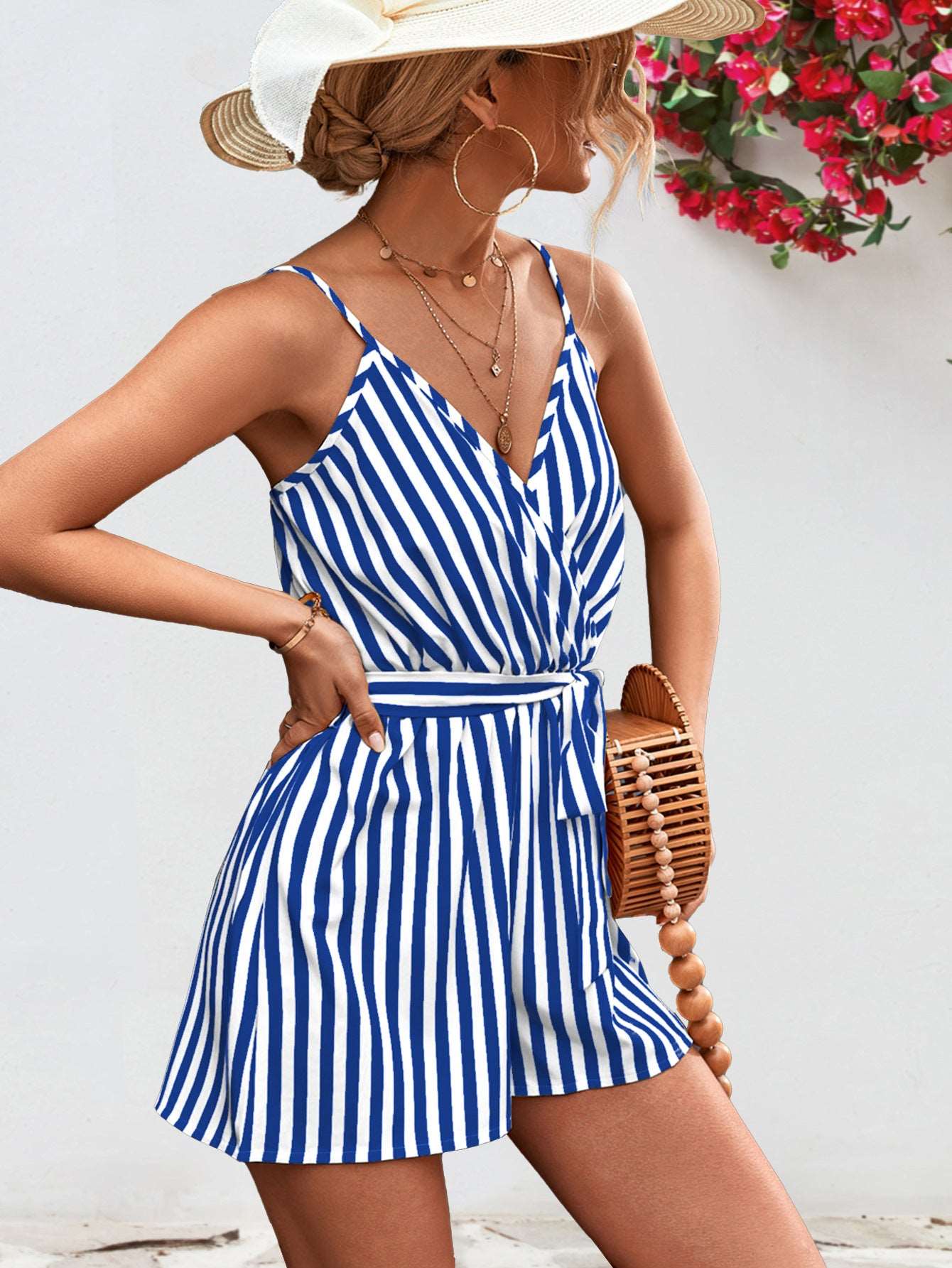 Striped Tie Waist Spaghetti Strap Romper - PFgoods.com