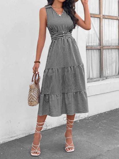 Striped Johnny Collar Sleeveless Midi Dress - PFgoods.com