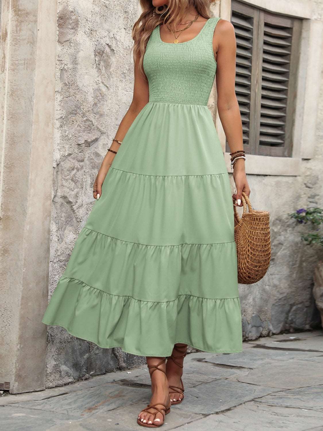 Smocked Scoop Neck Sleeveless Tank Dress - PFgoods.com