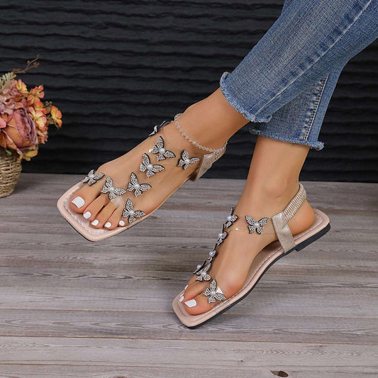 Rhinestone Butterfly Flat Sandals - PFgoods.com