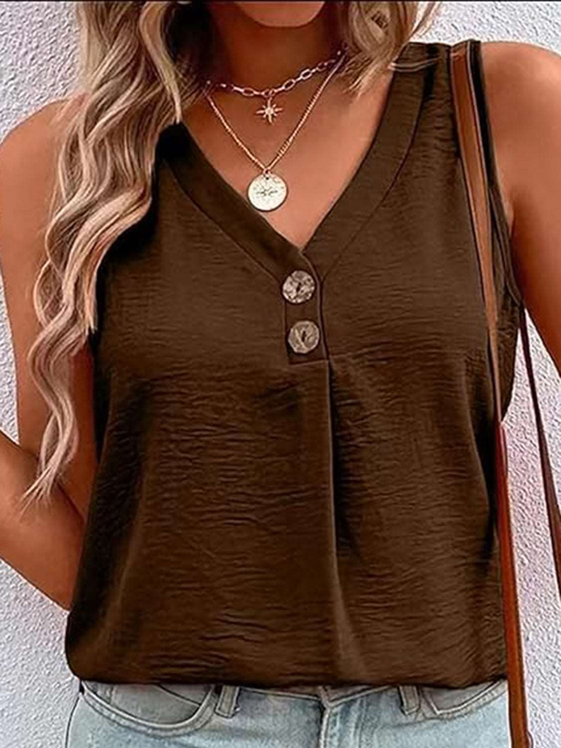 Full Size Decorative Button V-Neck Tank - PFgoods.com