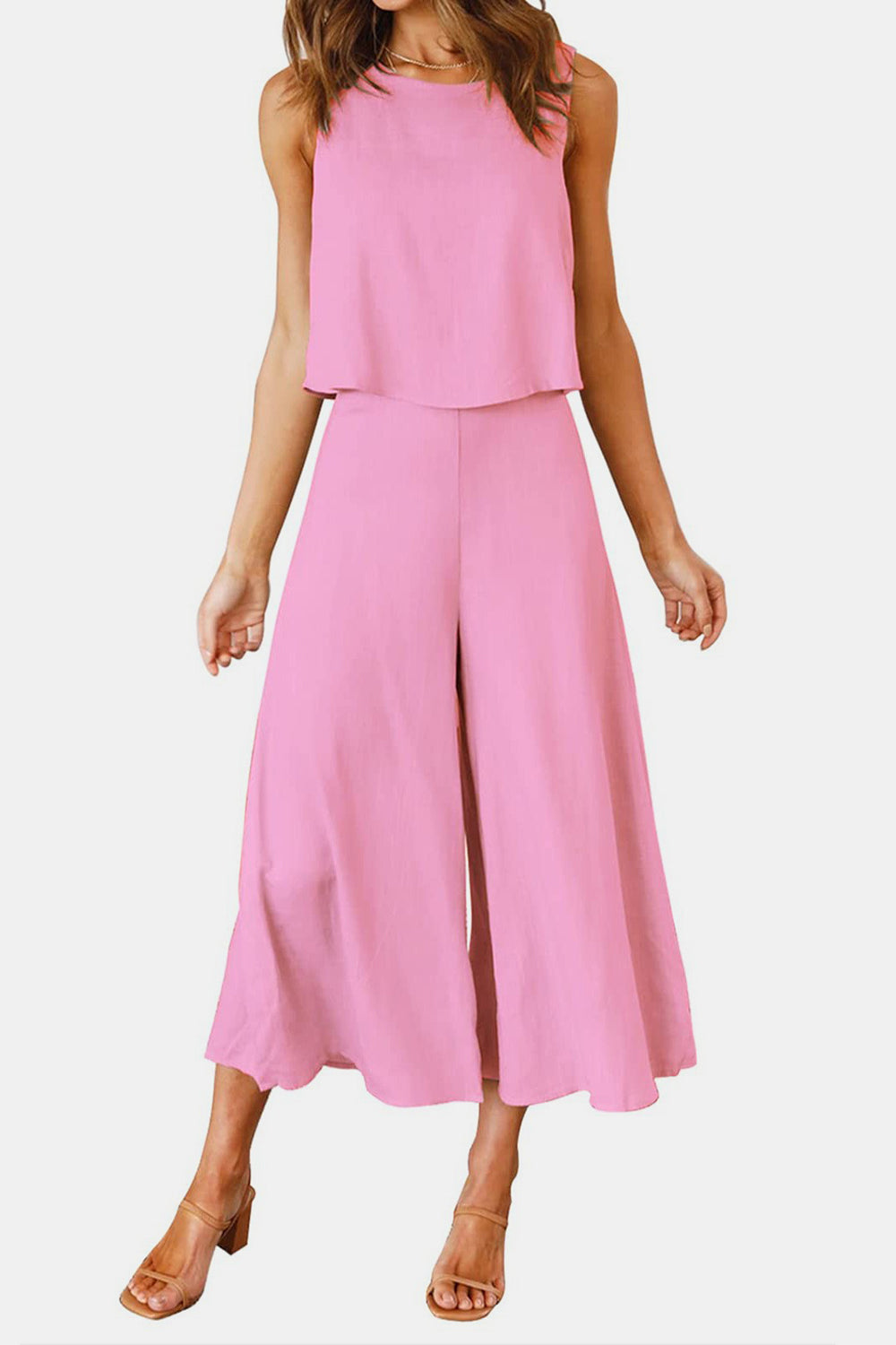 Round Neck Top and Wide Leg Pants Set - PFgoods.com