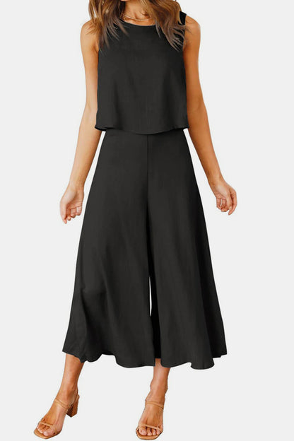 Round Neck Top and Wide Leg Pants Set - PFgoods.com