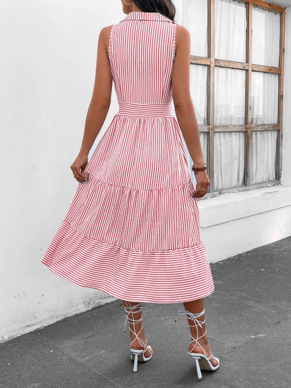 Striped Johnny Collar Sleeveless Midi Dress - PFgoods.com