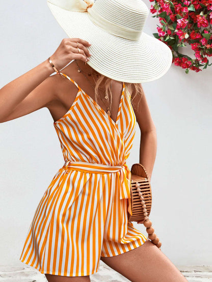 Striped Tie Waist Spaghetti Strap Romper - PFgoods.com