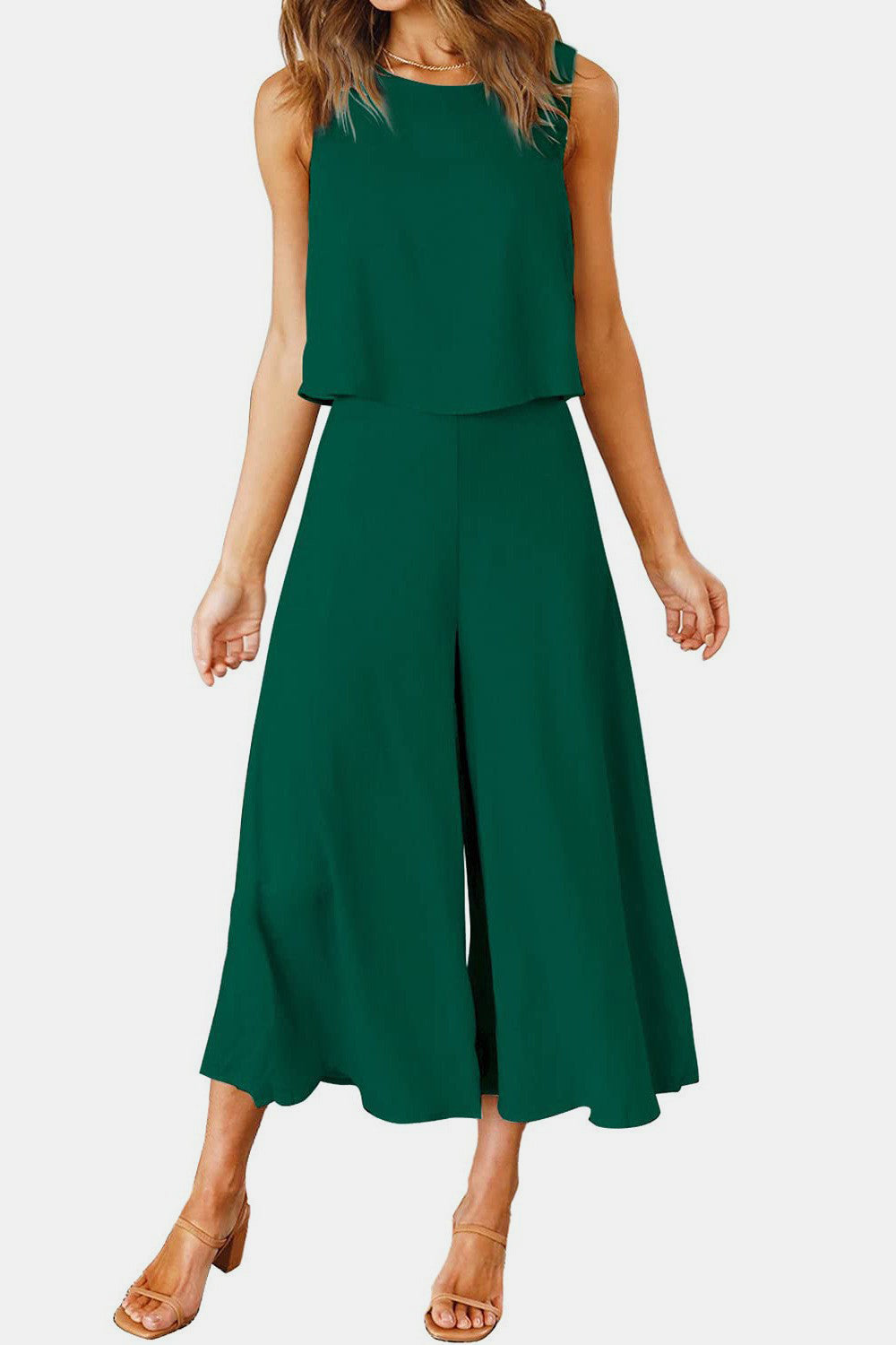 Round Neck Top and Wide Leg Pants Set - PFgoods.com