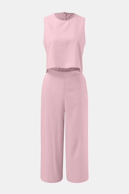 Round Neck Top and Wide Leg Pants Set - PFgoods.com