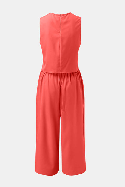 Round Neck Top and Wide Leg Pants Set - PFgoods.com