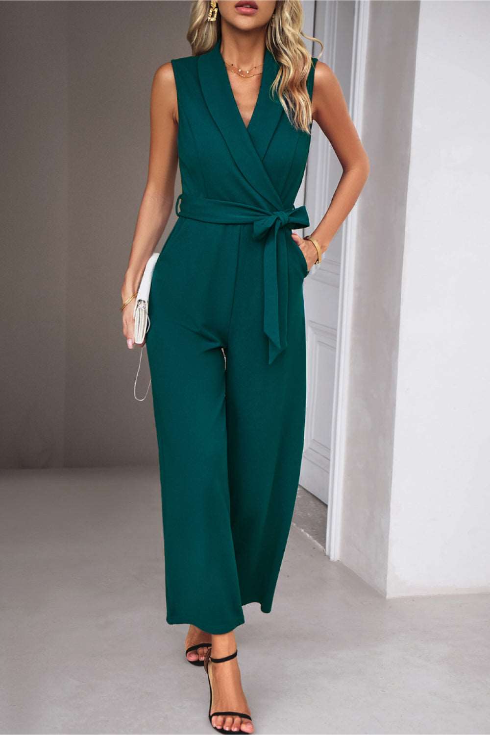 Tie Waist Shawl Collar Sleeveless Jumpsuit - PFgoods.com