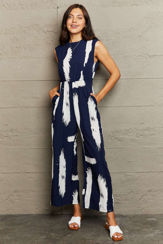 Printed Round Neck Cutout Jumpsuit with Pockets - PFgoods.com