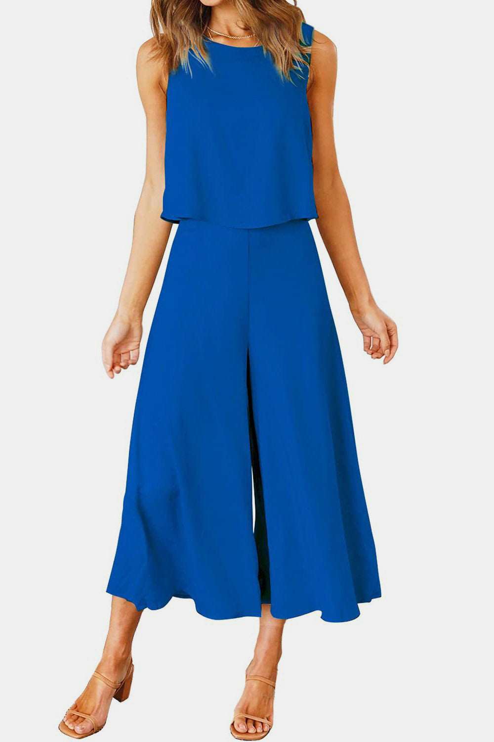 Round Neck Top and Wide Leg Pants Set - PFgoods.com