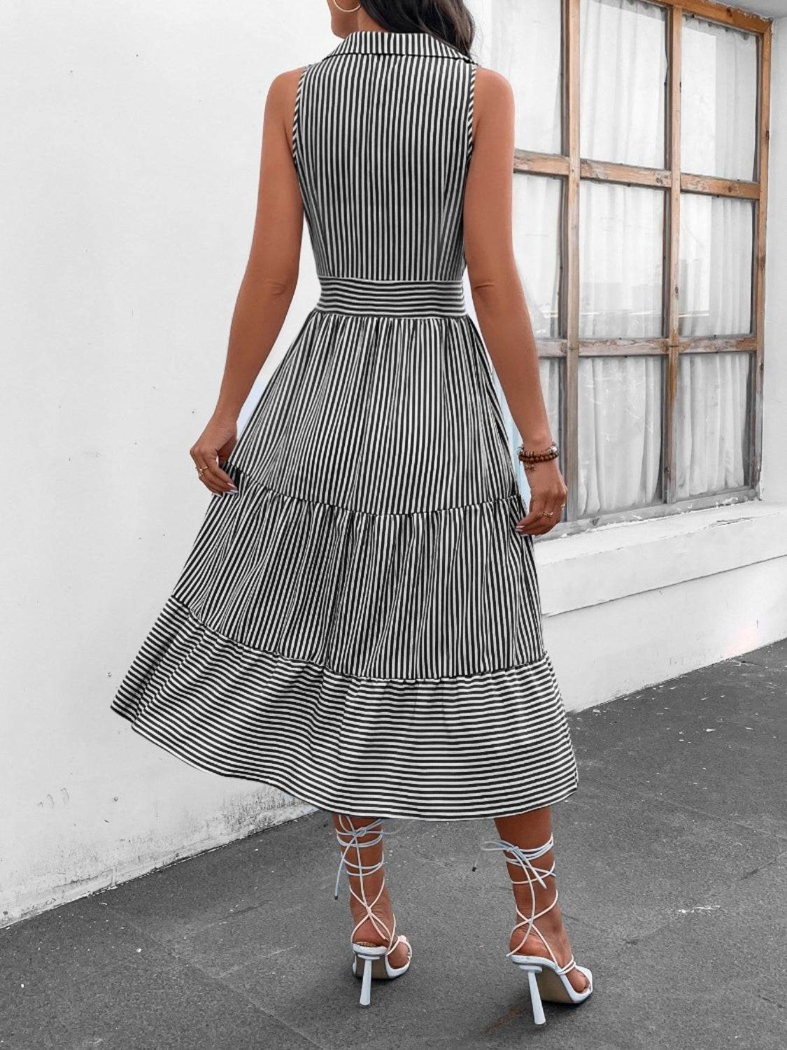 Striped Johnny Collar Sleeveless Midi Dress - PFgoods.com